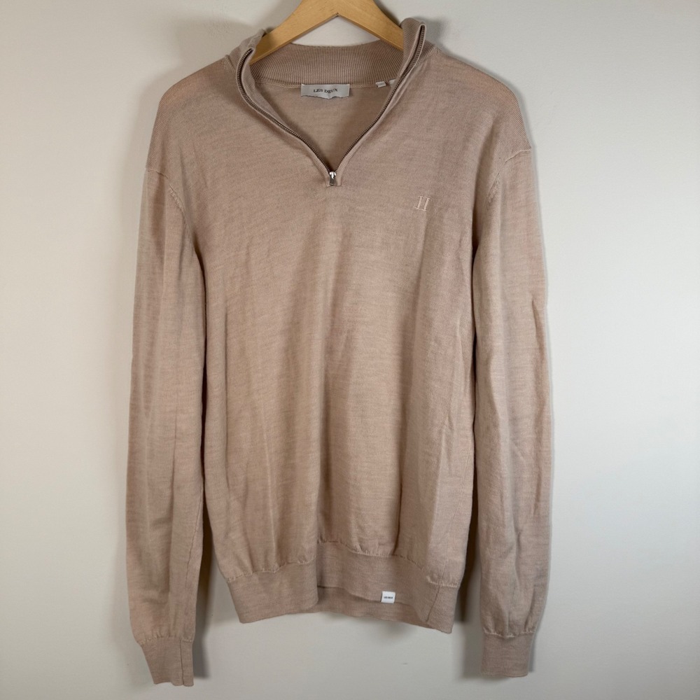 Les Deux Greyson Half-Zip Merino Knit Sweater Small Tan Quarter Zip Pullover
